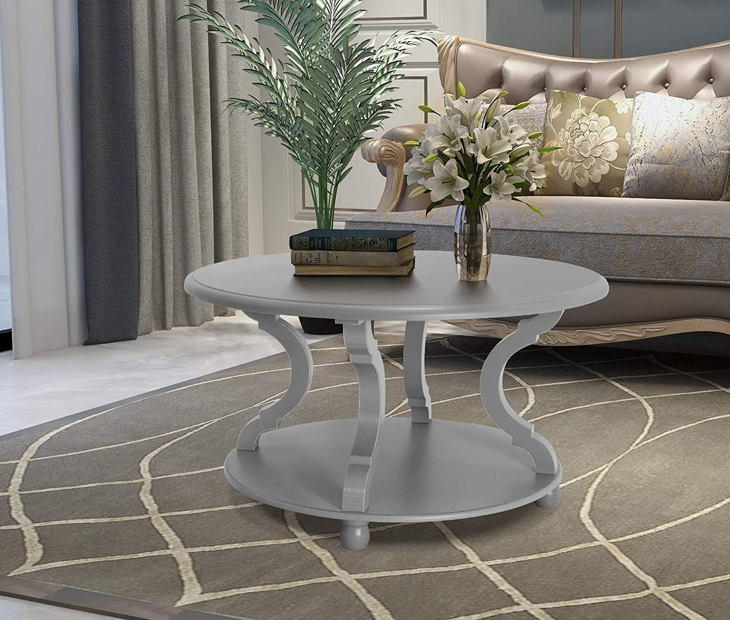 Wood Coffee Table,Round Coffee Table Living Room, round Cocktail Table with Storage, Sofa Table with Shelf, 31.0X18.3 Inches, Accent Tables with Carved Legs for Living Room, Gray