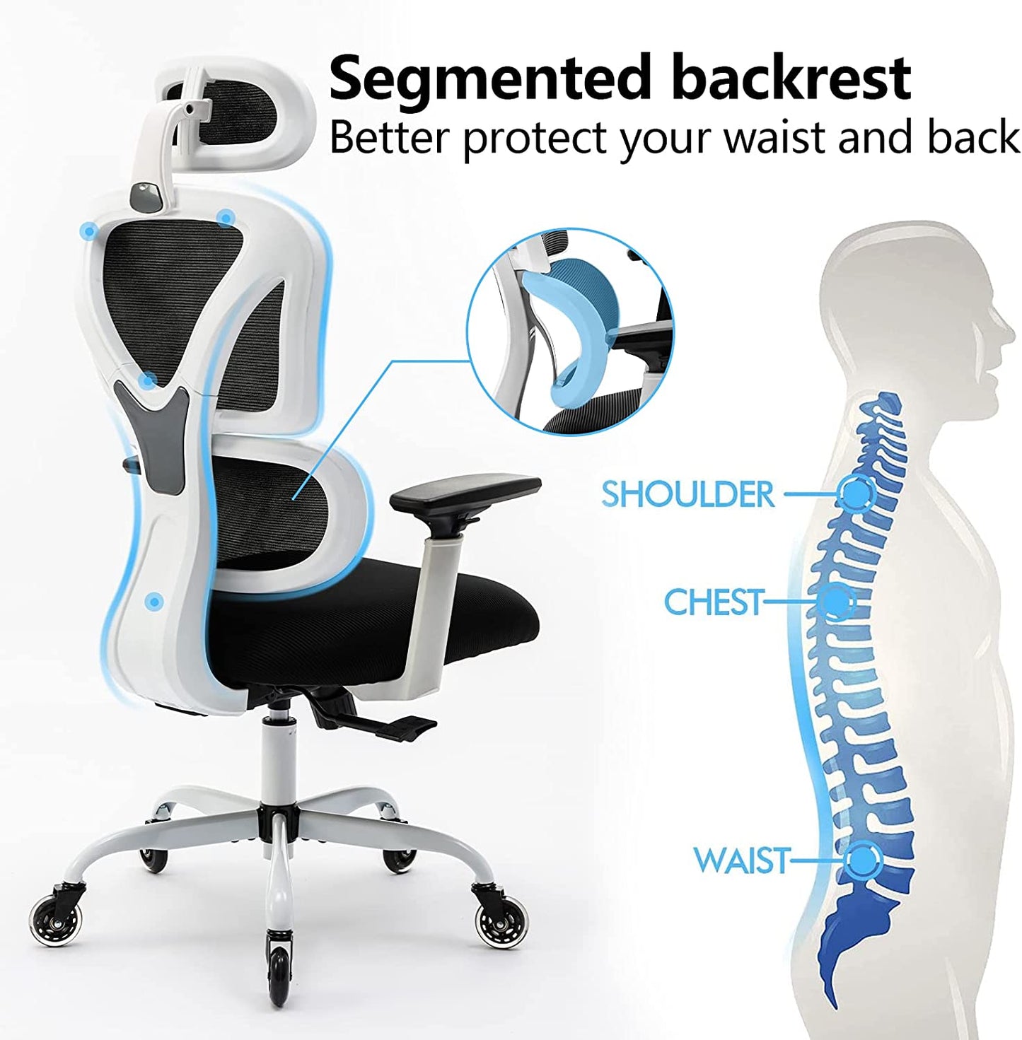 Ergonomic Office Chair, Home Desk Chair, Comfy Breathable Mesh Task Chair, High Back Thick Cushion Computer Chair with Headrest and 3D Armrests, Adjustable Height Gaming Chair