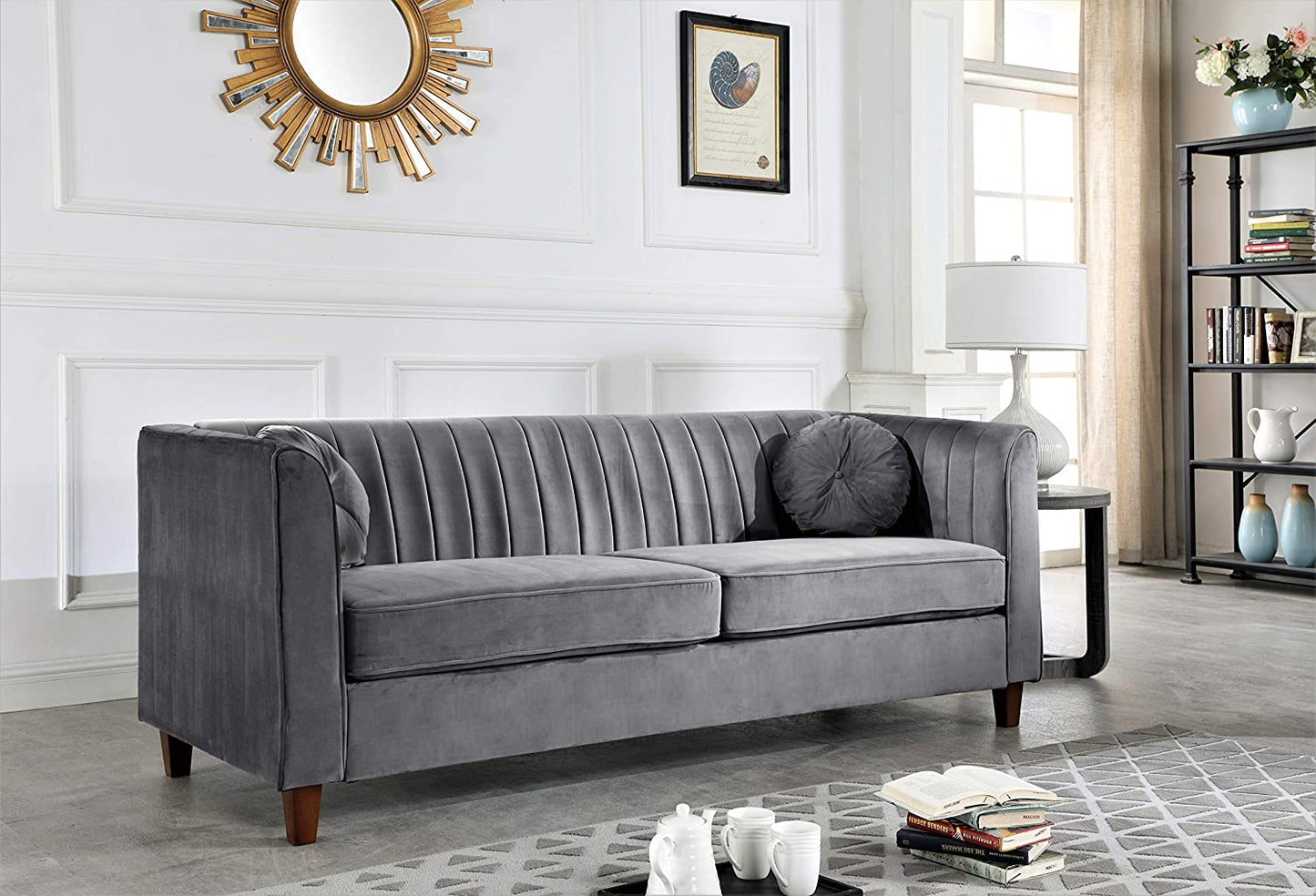 Soft Elegant High Density Foam Cool Grey Velvet Chesterfield Tight Back 3 PC with Removable Cushion & Solid Wood Legs (S5530-5535) Living Room Set