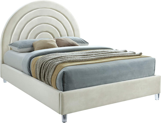 Rainbowcream-Q Rainbow Collection Modern | Contemporary Velvet Upholstered Bed with Deep Channel Tufting and Thick Acrylic Legs, Queen, Cream