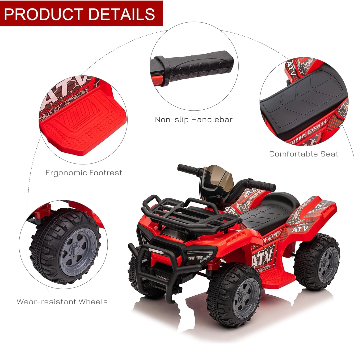 Kids Ride-On ATV Four Wheeler Car 6V Battery Powered Motorcycle with Music for 18-36 Months, Red