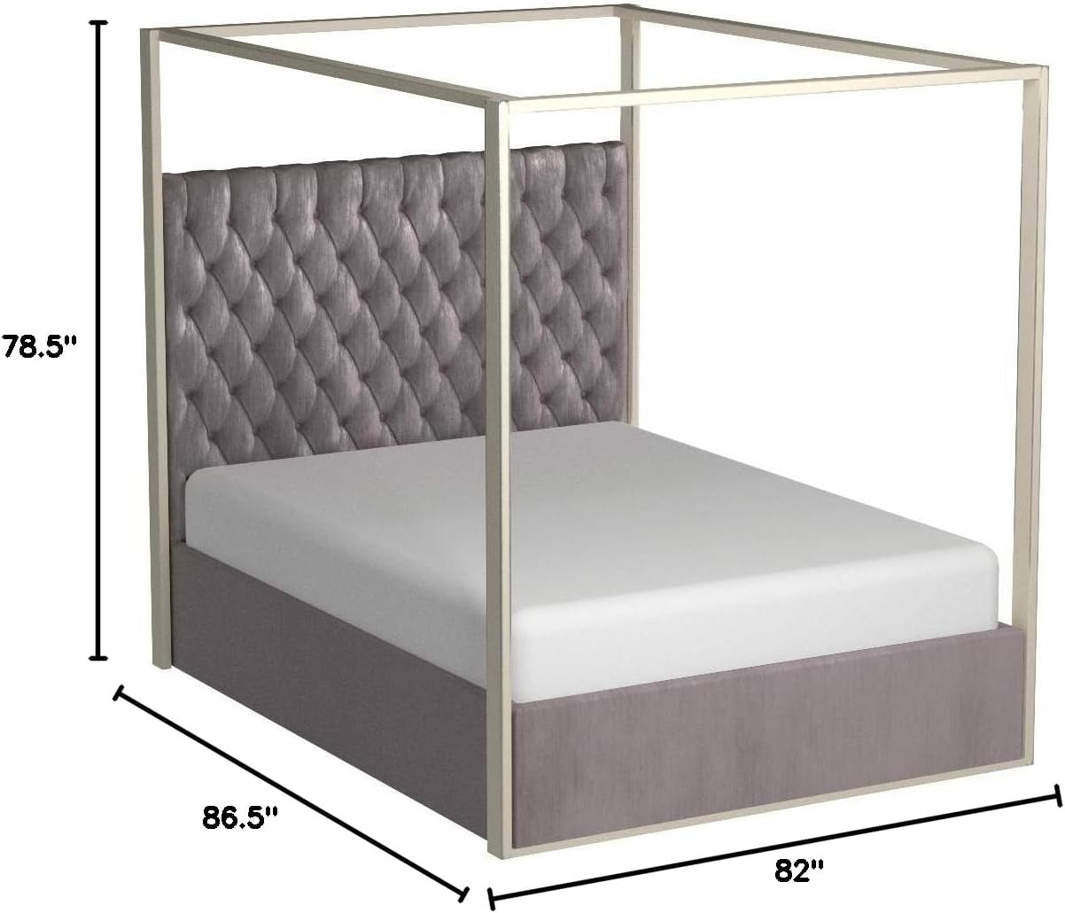 Porter Collection Modern | Contemporary Velvet Upholstered Bed with Deep Detailed Tufting and Chrome Canopy, Grey, King