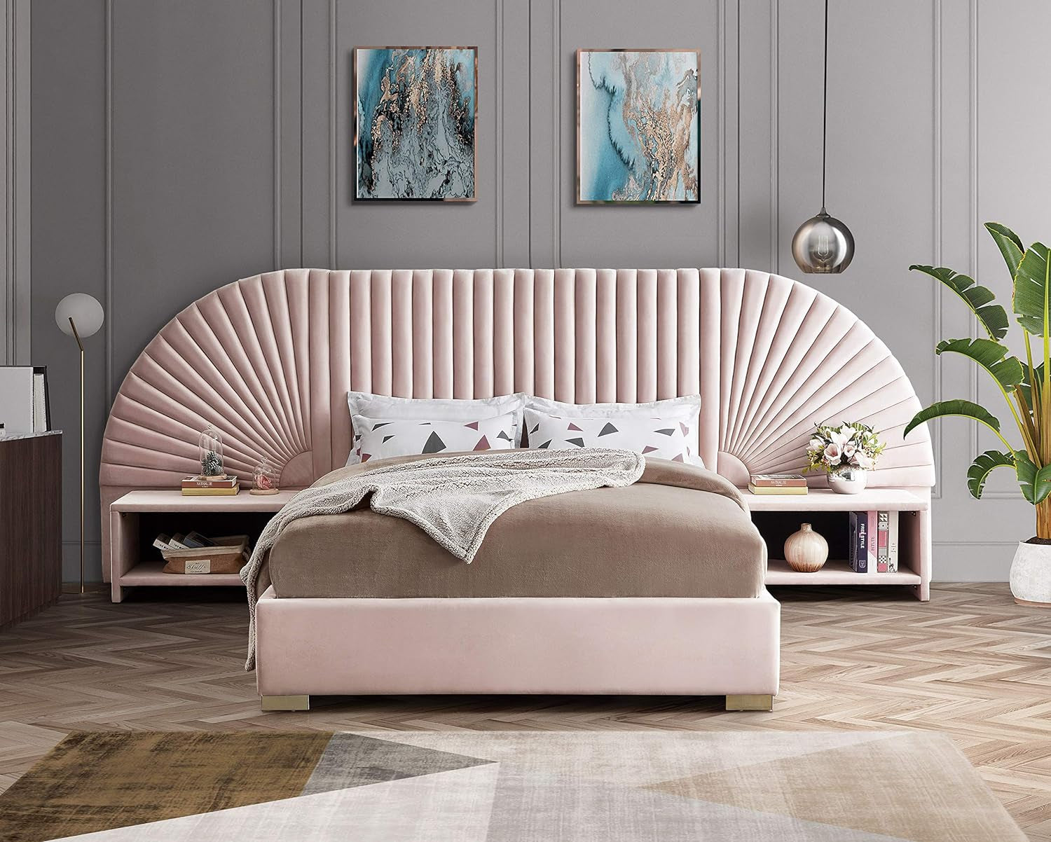 Cleo Collection Modern | Contemporary Velvet Upholstered Bed with Gold Steel Legs and Removable Panels, King, Pink