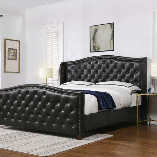 Anastasia Upholstered Shelter Headboard Bed Set, King, Vintage Black Brown Faux Leather