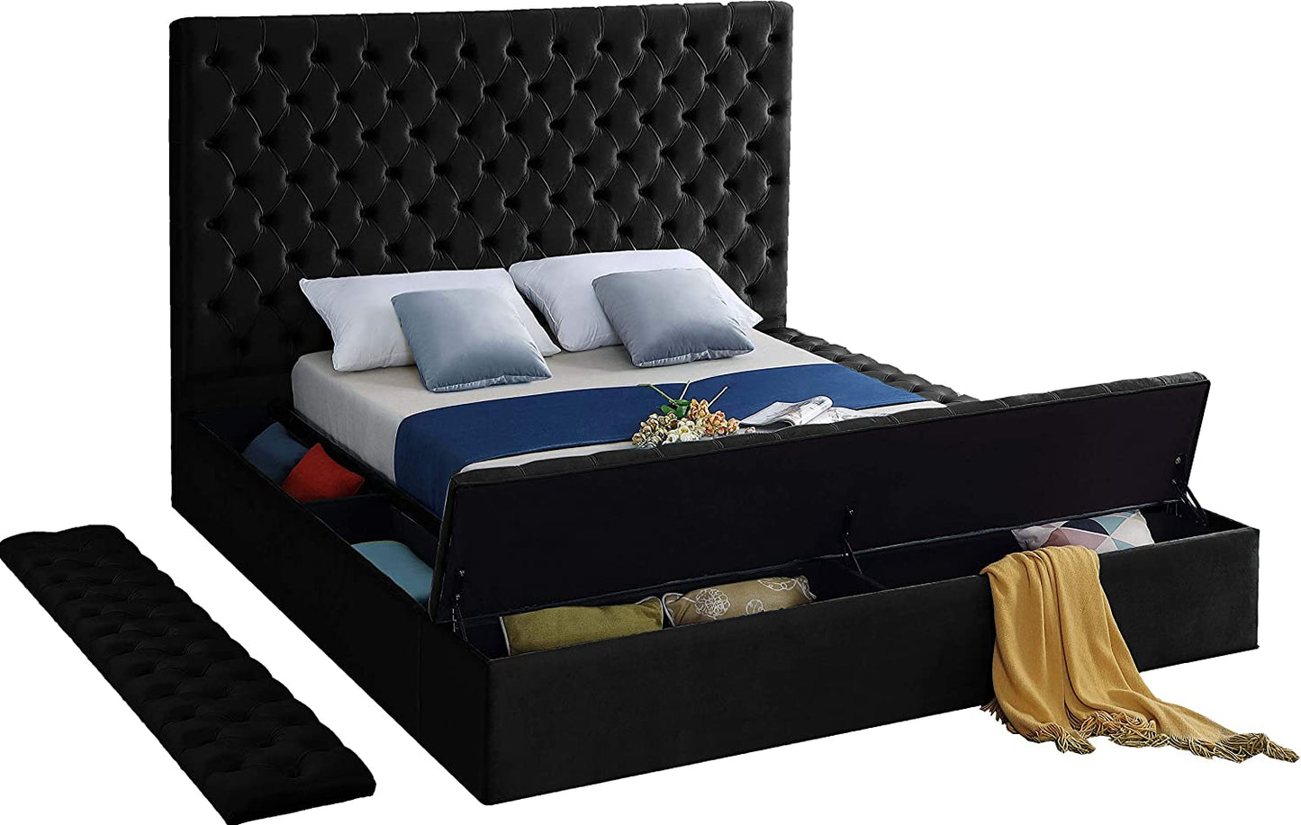 Bliss Collection Modern | Contemporary Velvet Upholstered Bed with Deep Button Tufting and Storage Compartments in Rails and Footboard, Black, King