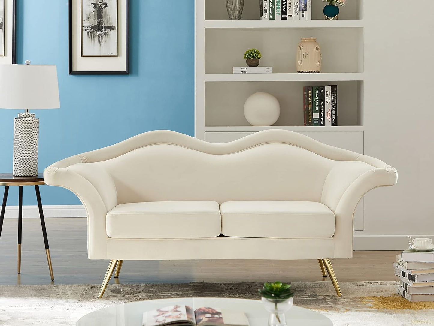 Lips Collection Velvet Upholstered Loveseat with Sturdy Gold Metal Legs, Cream