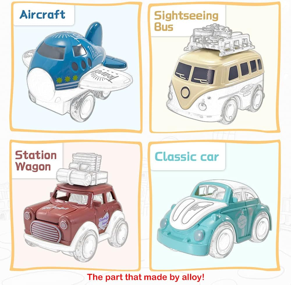 Diecast Car Toy,Push & Go Vehicle Toy,4 PCS Friction Powered W/Moveable Body Part Classic Car Toy,Include Plant,Bus,Wagon and Car for Boys and Girls (Style A)…