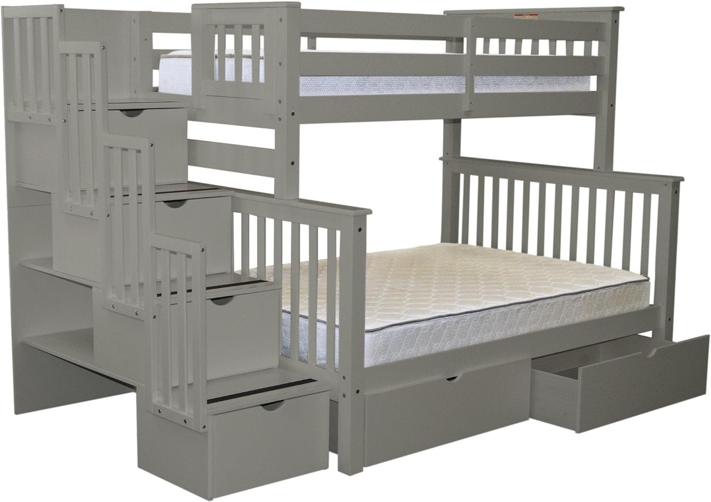 Stairway Bunk Beds Twin over Full with 4 Drawers in the Steps and 2 under Bed Drawers, Gray