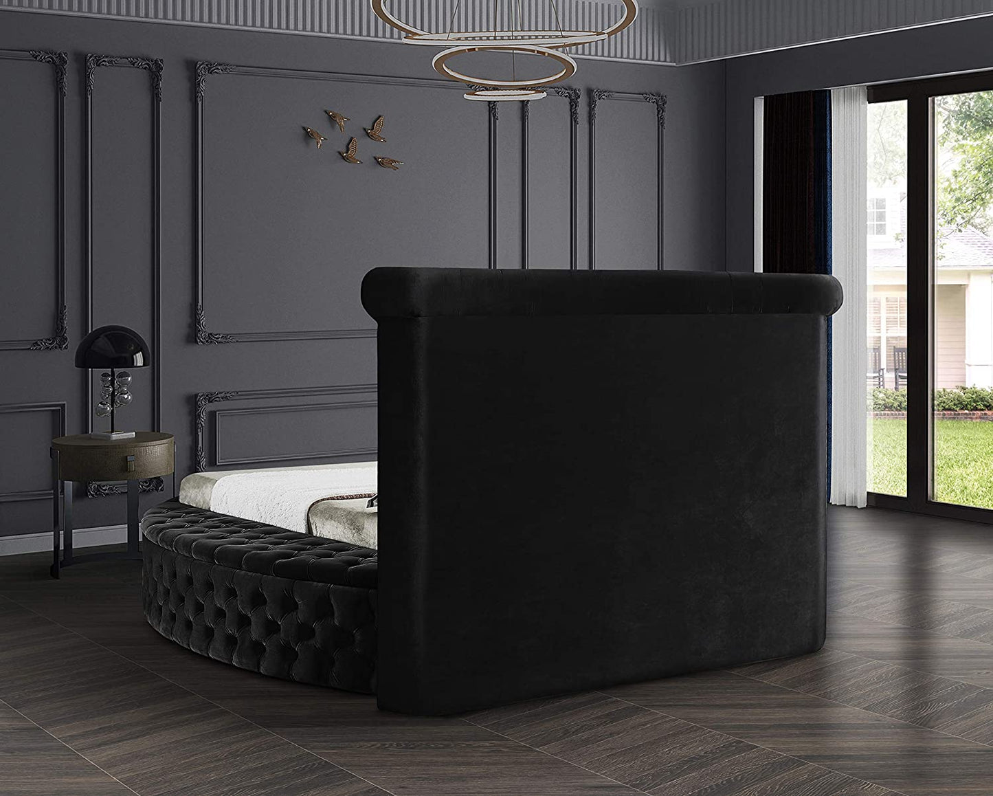 Luxus Collection Modern | Contemporary round Shaped Velvet Upholstered Bed with Deep Button Tufting and Footboard Storage, King, Black