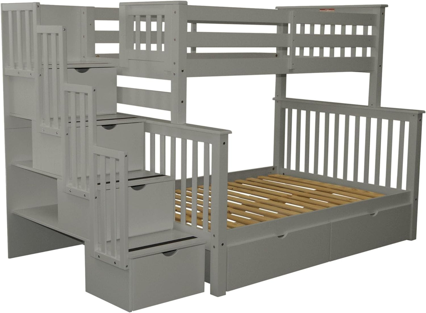 Stairway Bunk Beds Twin over Full with 4 Drawers in the Steps and 2 under Bed Drawers, Gray