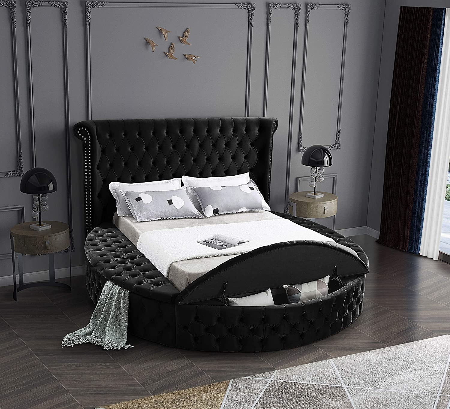 Luxus Collection Modern | Contemporary round Shaped Velvet Upholstered Bed with Deep Button Tufting and Footboard Storage, King, Black