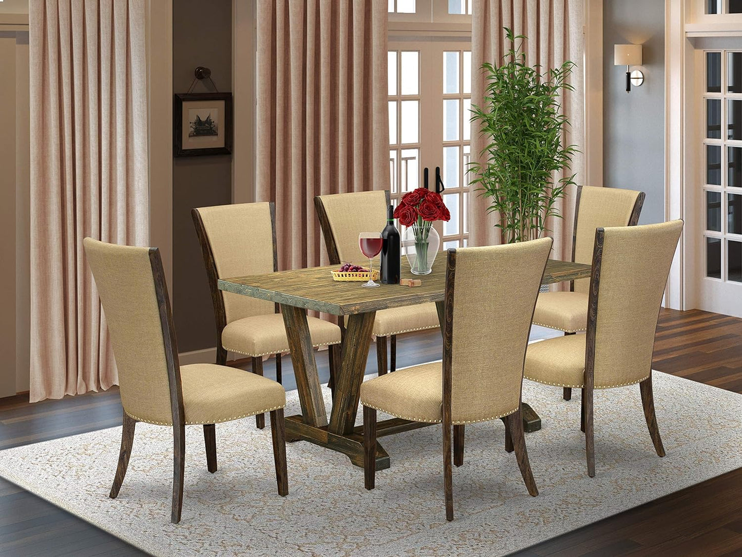 V-Style 7 Piece Set Consist of a Rectangle Dining Room Table with V-Legs and 6 Brown Linen Fabric Upholstered Chairs, 36X60 Inch, V776VE703-7