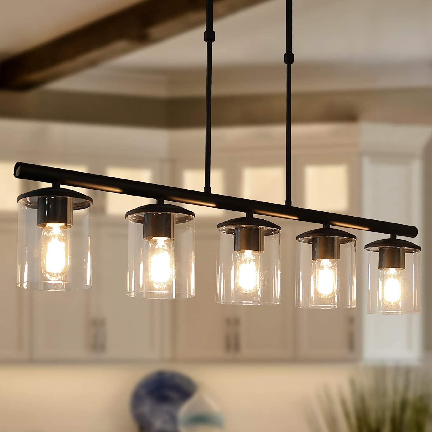 Black Farmhouse Chandelier, 5-Light Island Lights for Kitchen in Metal Finish with Clear Glass Shades, 37" Dining Room Chandelier, Linear Pendant Lighting for Foyer, Bar, Pool Table