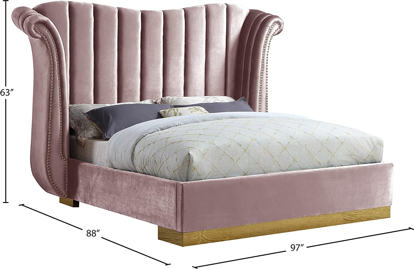 Flora Collection Modern | Contemporary Velvet Upholstered Bed Nailheads, Deep Channel Tufting and Gold Metal Base, King, Pink