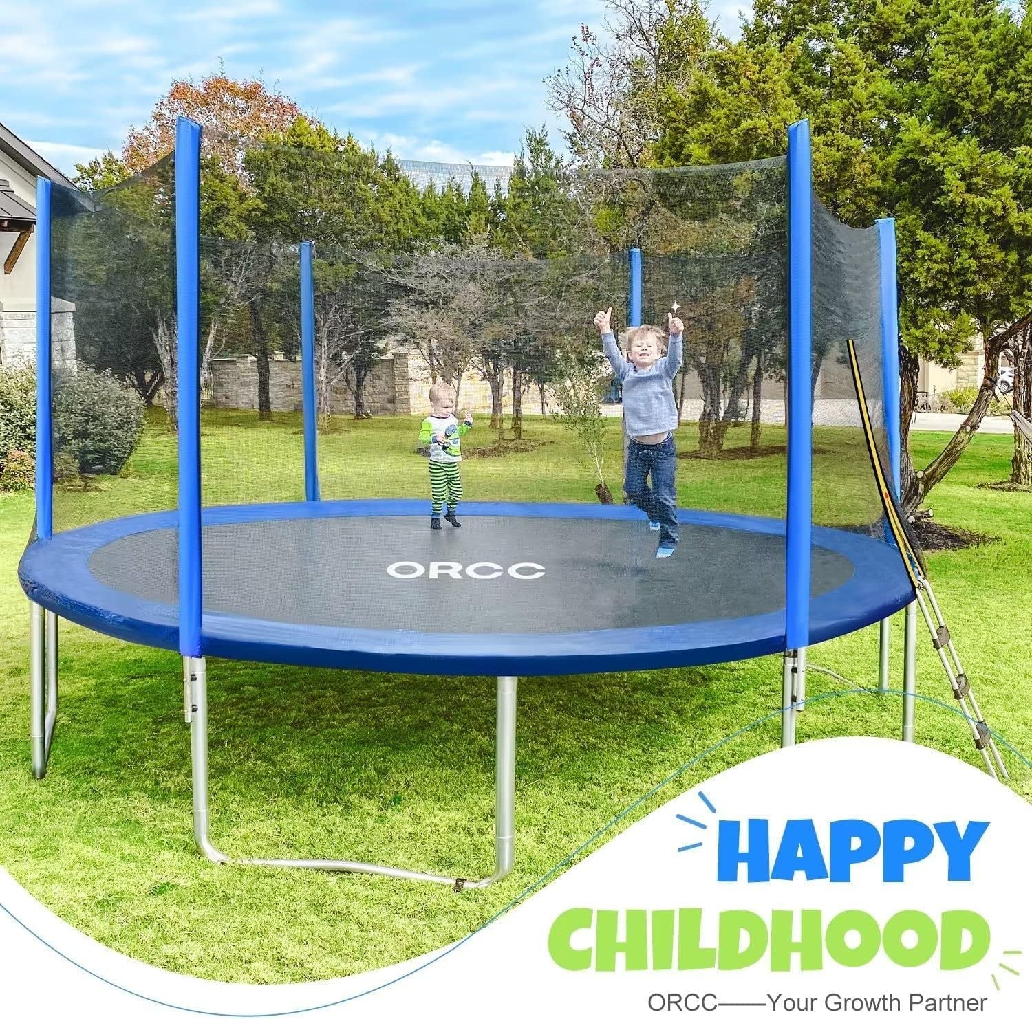 Trampoline-Astm and CPSIA Approved-16 15 14 12 10Ft Kids Recreational Trampolines with Enclosure Net Ladder Safe Bounce Outdoor Backyard Trampoline for Kids Family Happy Time