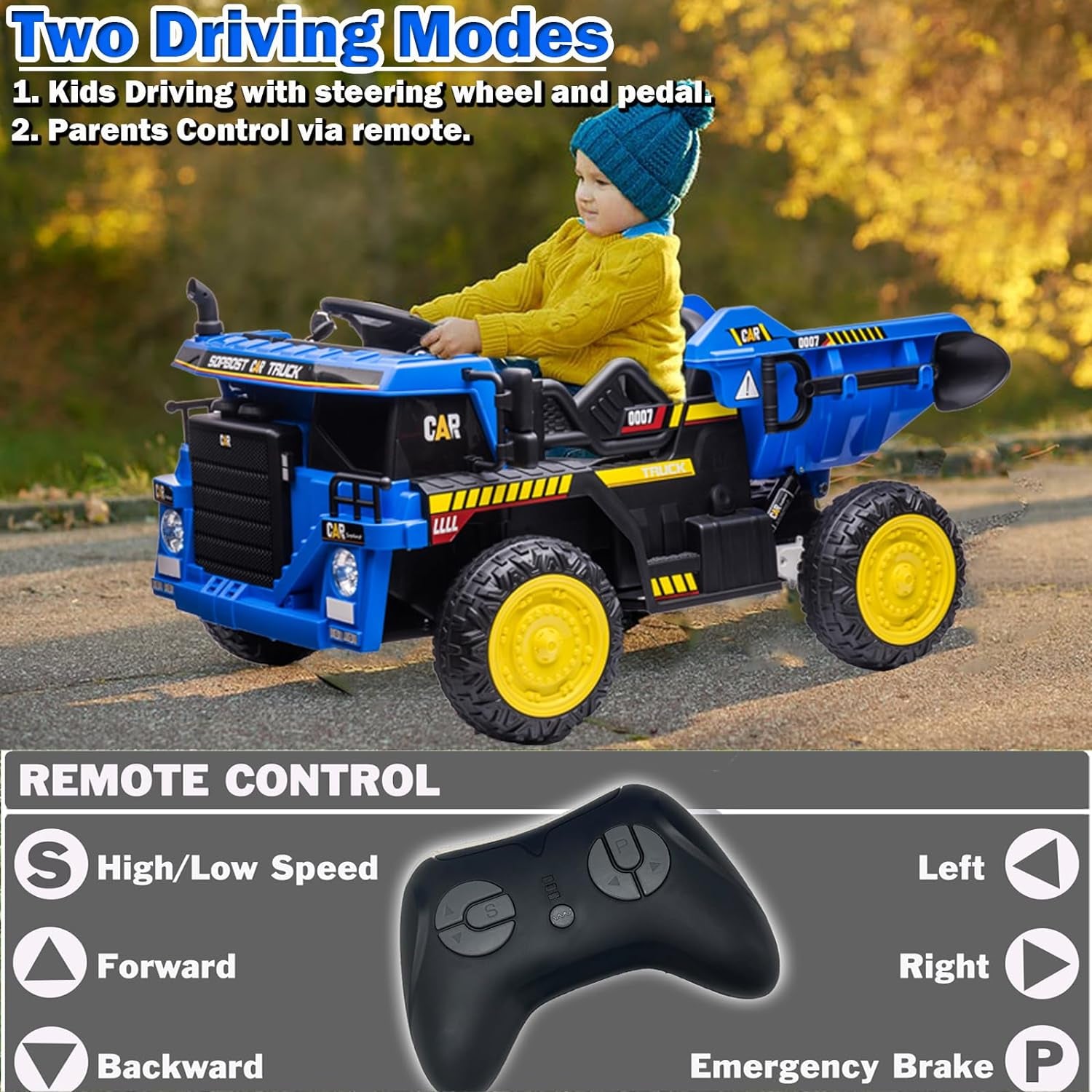 Dump Truck 12V Ride on Toys Ride on Truck Car with Remote Control for Kids Electric Construction Dump Truck with Dump Bed Kids Electric Power Vehicles Wheels for Boys Girls, Key Start, Blue