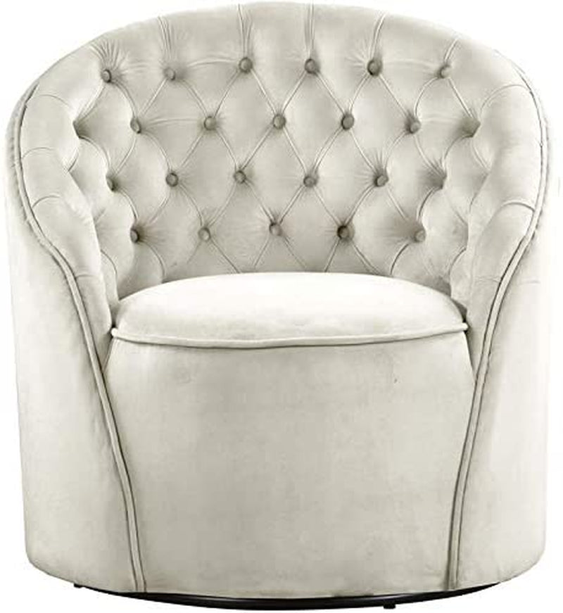 Alessio Collection Modern | Contemporary Velvet Upholstered Swivel Base Accent Chair with Deep Button Tufting and Rounded Design, 30" W X 28.5" D X 32" H, Cream