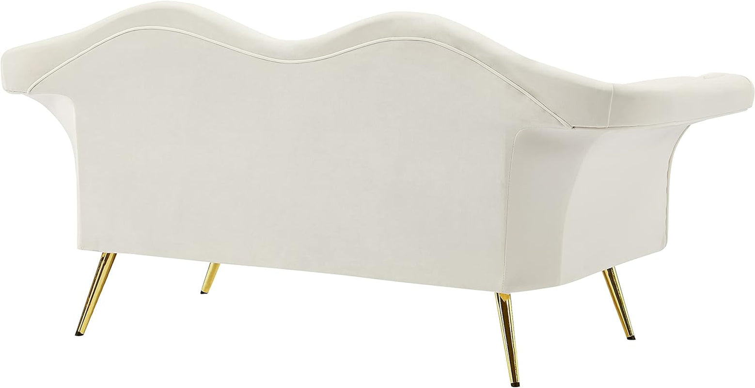 Lips Collection Velvet Upholstered Loveseat with Sturdy Gold Metal Legs, Cream