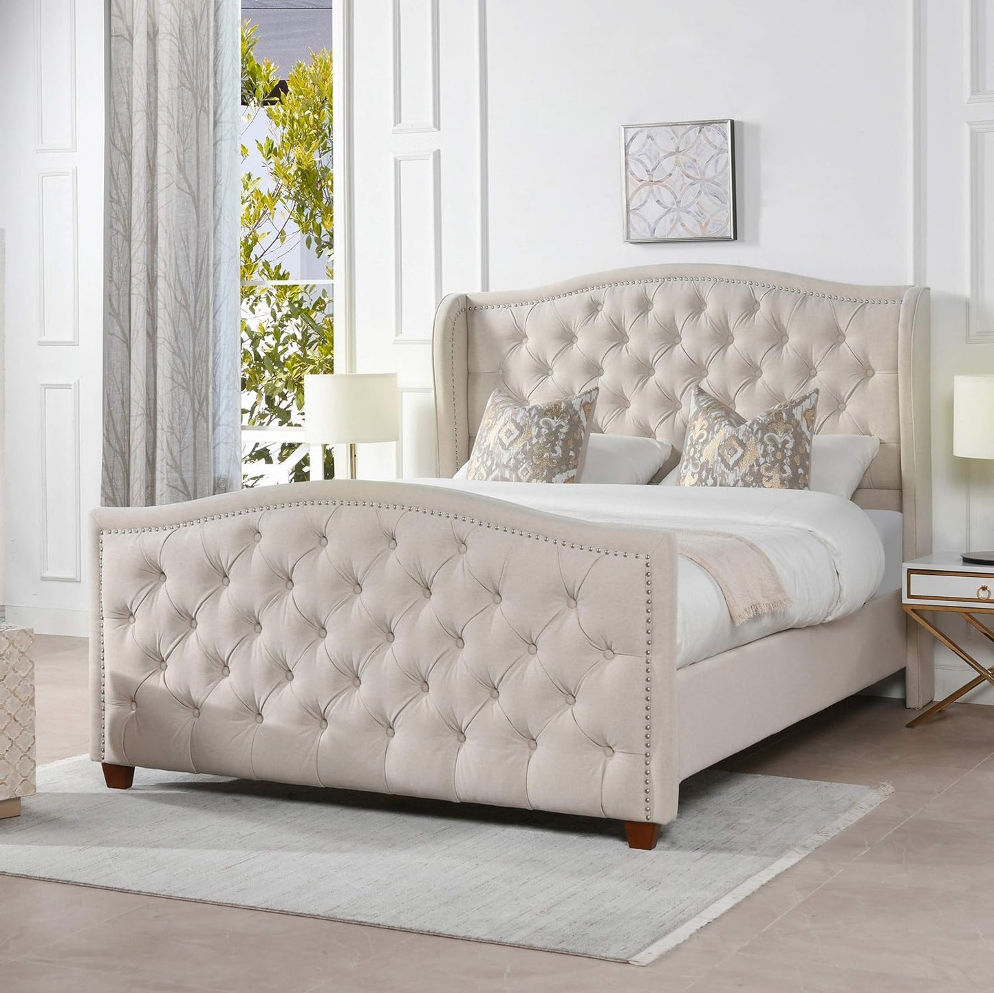 Anastasia Upholstered Shelter Headboard Bed Set, Queen, Sky Neutral Beige Polyester