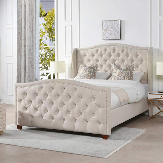 Anastasia Upholstered Shelter Headboard Bed Set, Queen, Sky Neutral Beige Polyester