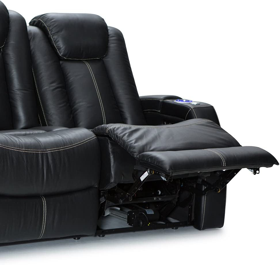 Omega Home Theater Seating - Leather Gel - Power Recline - Power Headrests - AC and USB Charging - Lighted Cup Holders - Fold down Table (Sofa, Black)