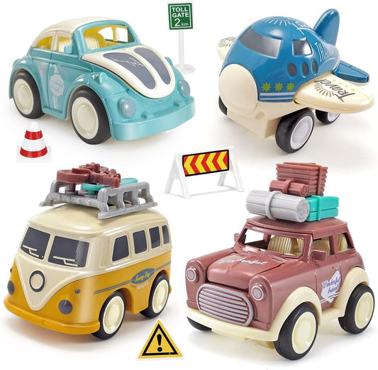 Diecast Car Toy,Push & Go Vehicle Toy,4 PCS Friction Powered W/Moveable Body Part Classic Car Toy,Include Plant,Bus,Wagon and Car for Boys and Girls (Style A)…