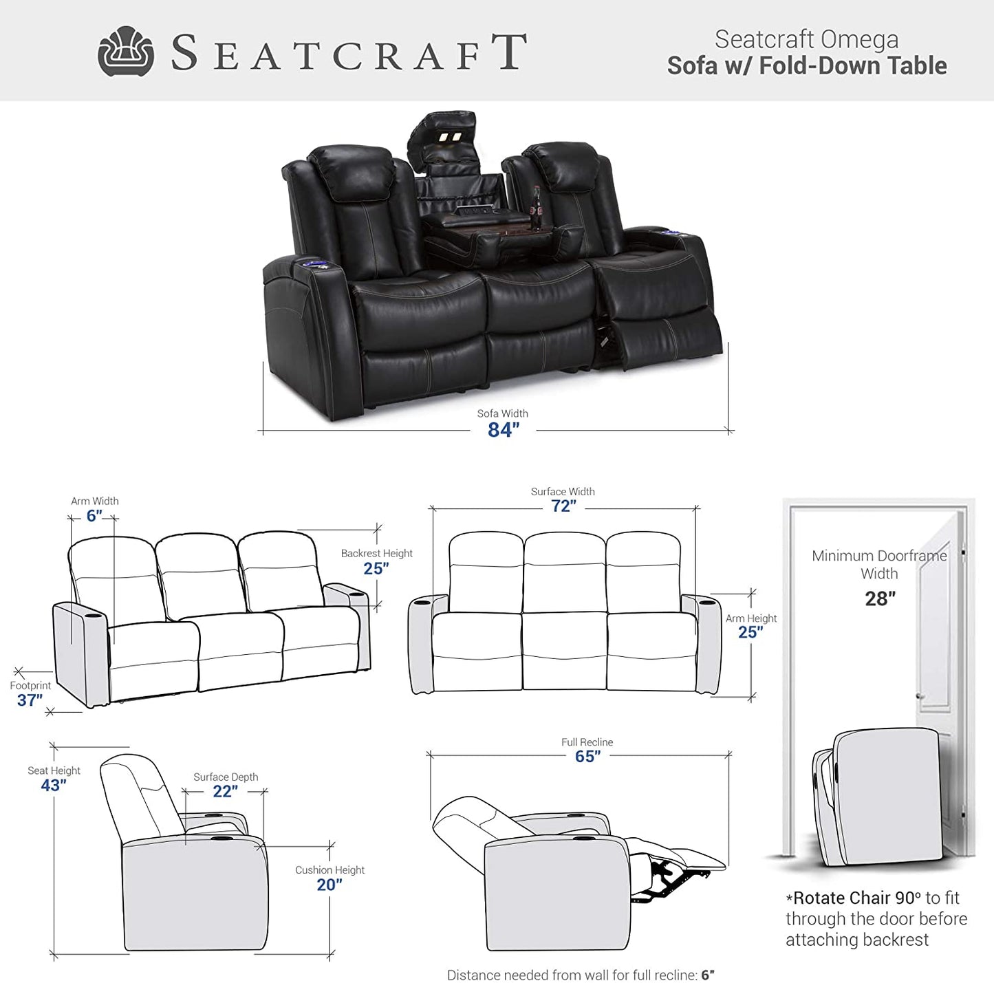 Omega Home Theater Seating - Leather Gel - Power Recline - Power Headrests - AC and USB Charging - Lighted Cup Holders - Fold down Table (Sofa, Black)