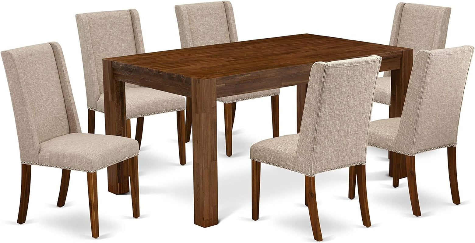 CNFL7-N8-04 Celina 7 Piece Set Consist of a Rectangle Rustic Wood Kitchen Table and 6 Light Tan Linen Fabric Parson Dining Room Chairs, 36X60 Inch