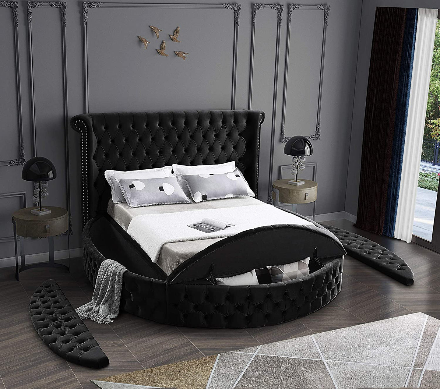 Luxus Collection Modern | Contemporary round Shaped Velvet Upholstered Bed with Deep Button Tufting and Footboard Storage, King, Black