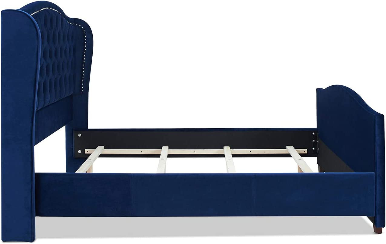 Anastasia Upholstered Shelter Headboard Bed Set, King, Navy Blue Velvet