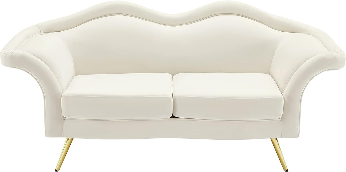 Lips Collection Velvet Upholstered Loveseat with Sturdy Gold Metal Legs, Cream