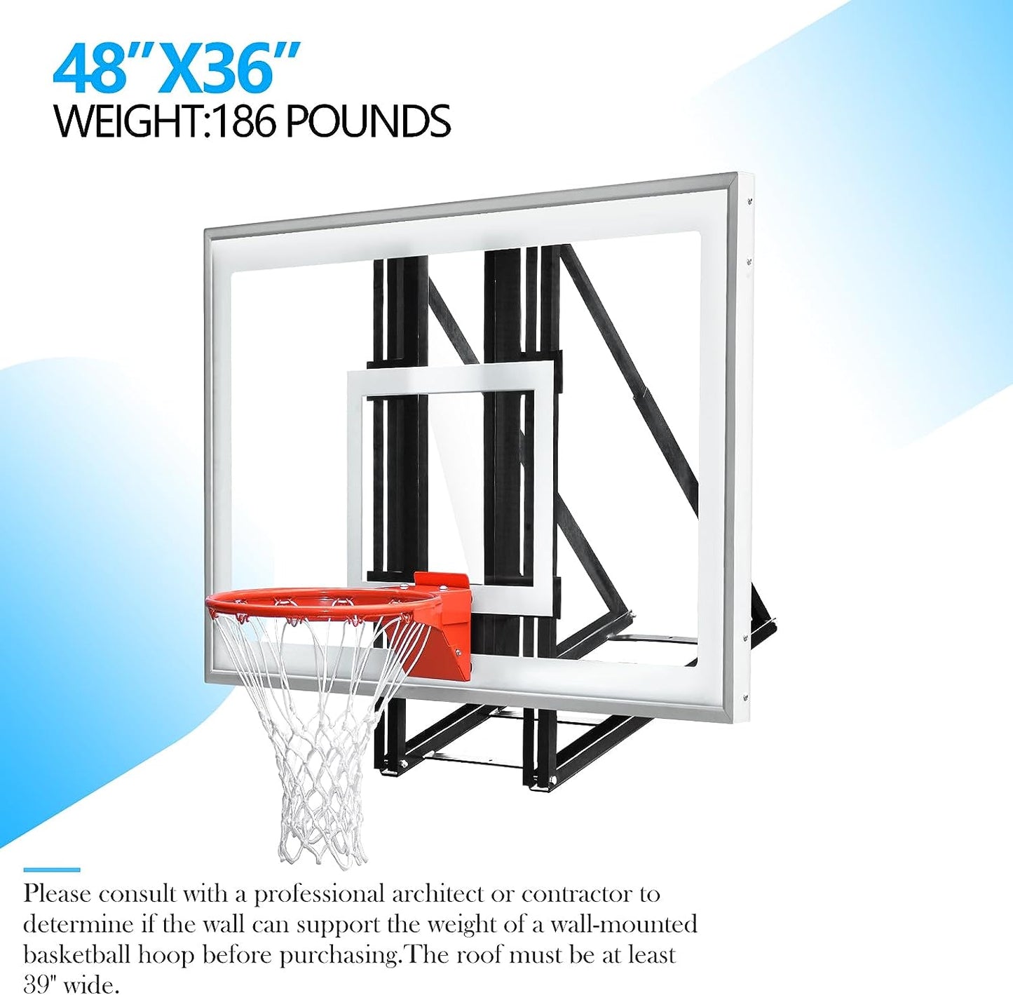 Basketball Hoop Roof Mount Garage Includes 48" or 60'' Crystal-Clear Tempered Glass Backboard, Durable Steel Universal Bracket and Double Spring Breakaway Rim with Net