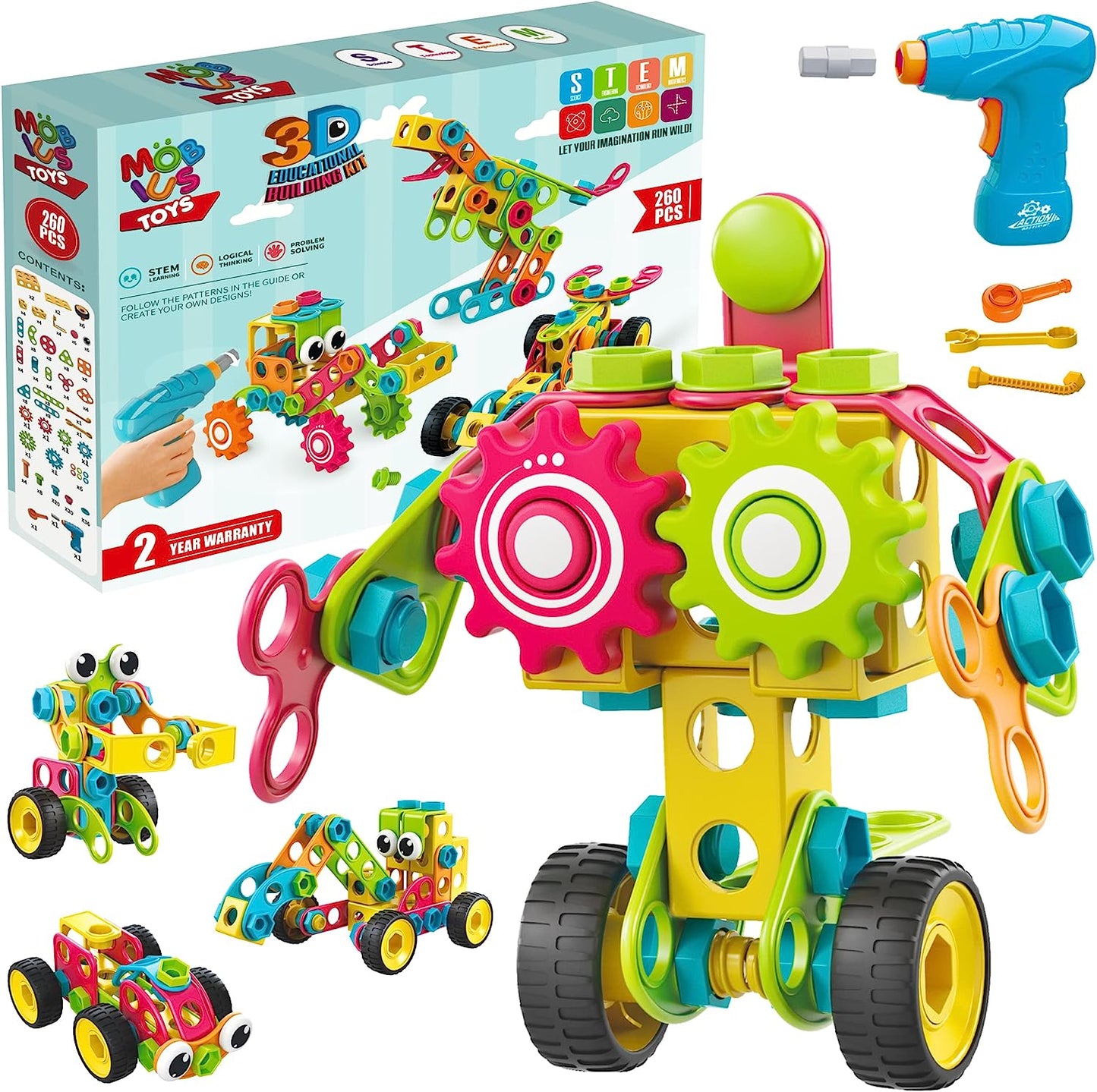 STEM Toys KIT 260 PCS W/Drill | Educational Construction Set + Mechanical Screwdriver, Creative Construction Toys, Building Blocks, Car Wheels Cogs Learning Set for Boys & Girls 4 5 6+ Years Old