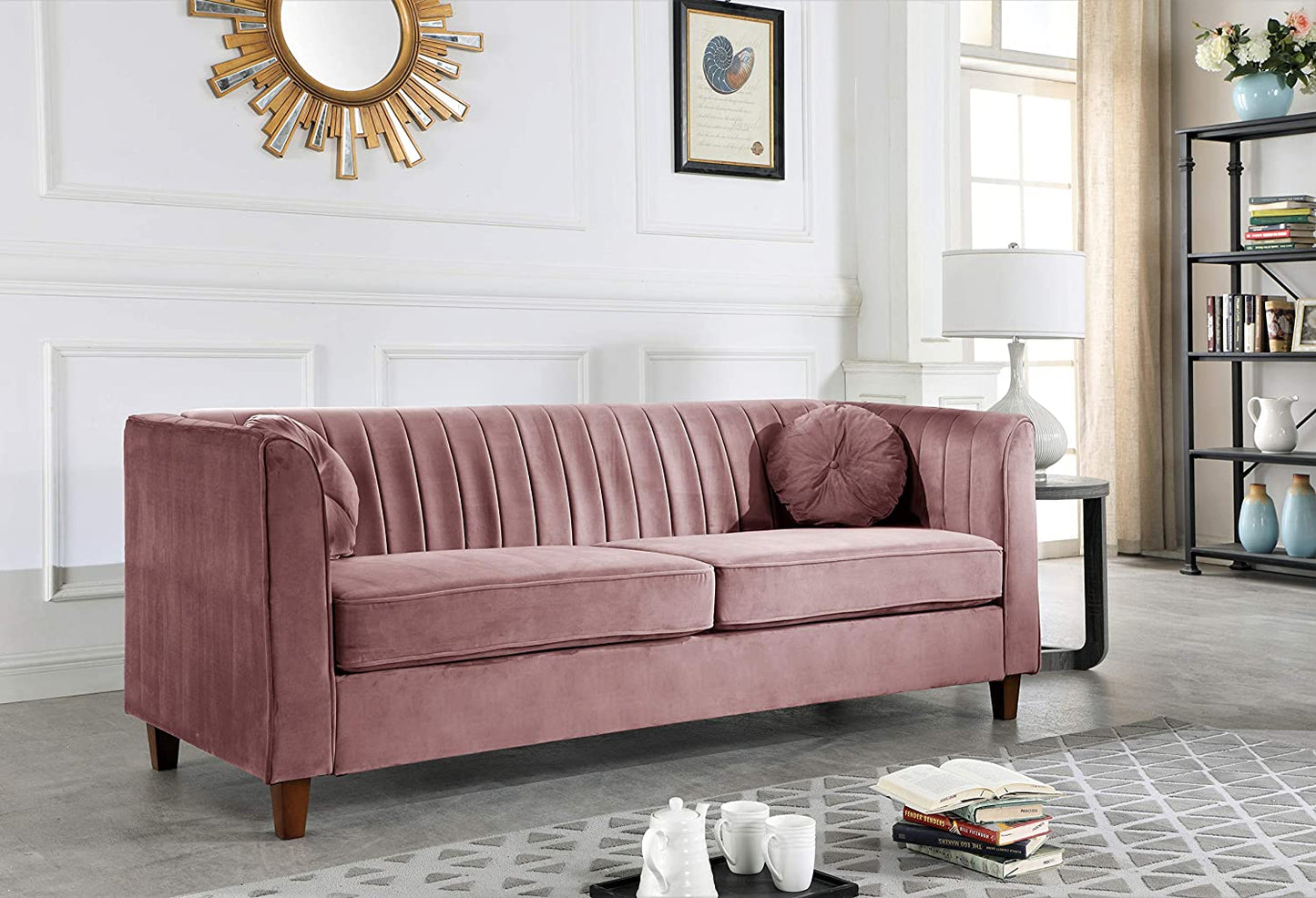 Arvilla Mid Century Velvet Upholstered Chesterfield Living Room, Chair, Loveseat, Sofa, Rose