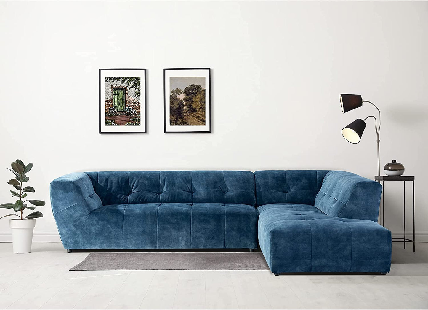 Mid-Century Velvet Sofa Couch for Living Room, L-Shape 2-Piece Chaise, Blue, 113" W Right Hand Facing Sectional