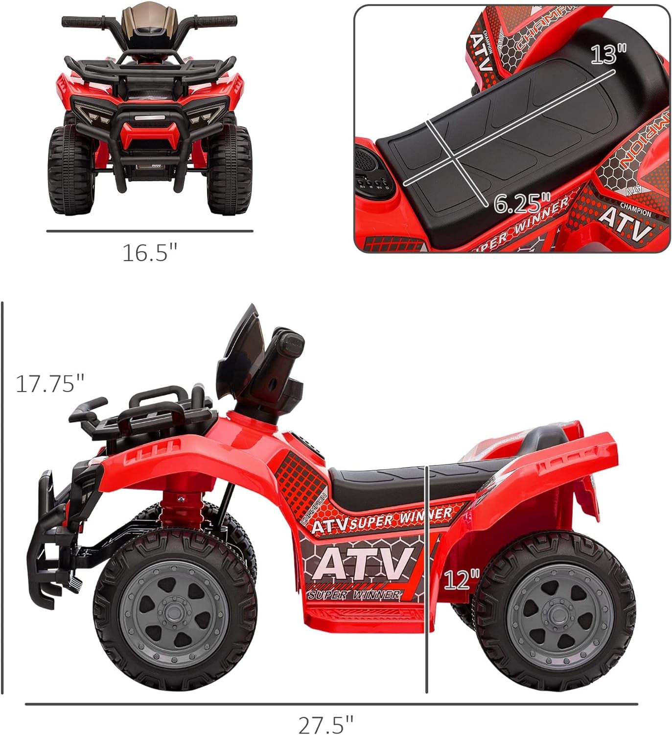 Kids Ride-On ATV Four Wheeler Car 6V Battery Powered Motorcycle with Music for 18-36 Months, Red