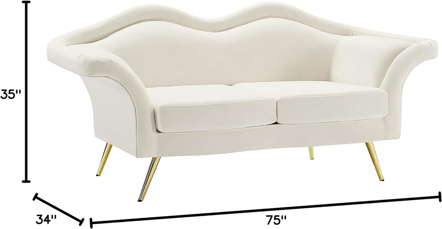 Lips Collection Velvet Upholstered Loveseat with Sturdy Gold Metal Legs, Cream