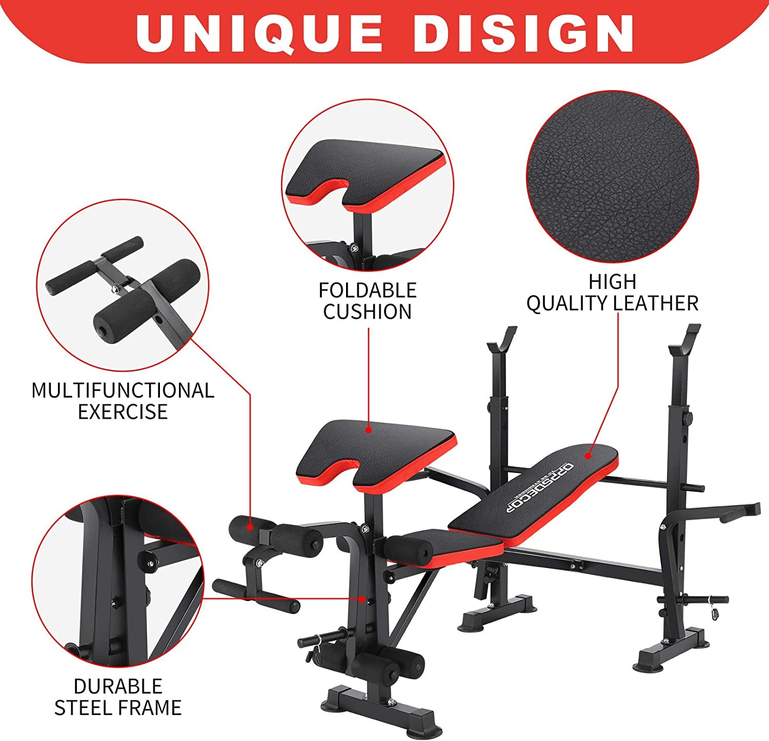 8 in 1 650Lbs Weight Bench Adjustable Workout Bench Set with Squat Rack Olympic Weight Bench Strength Training Leg Developer Preacher Curl and Barbell Rack Incline Seat for Home Gym OPX496