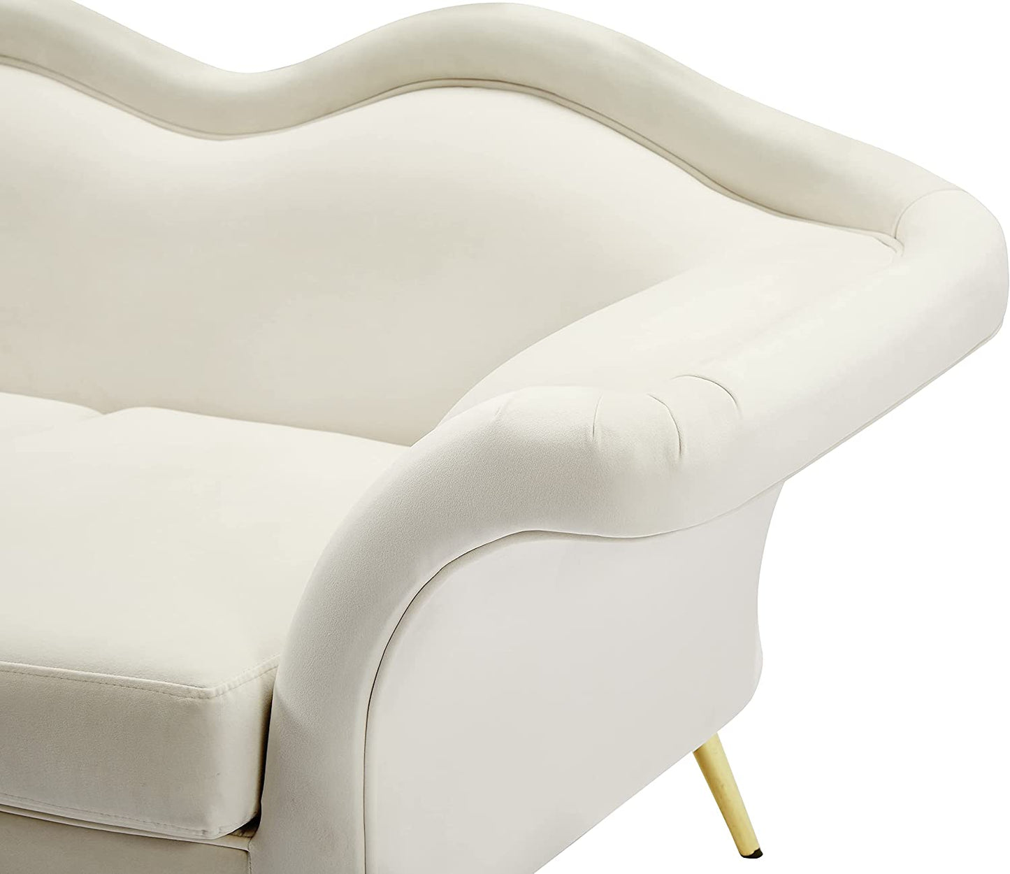 Lips Collection Velvet Upholstered Loveseat with Sturdy Gold Metal Legs, Cream