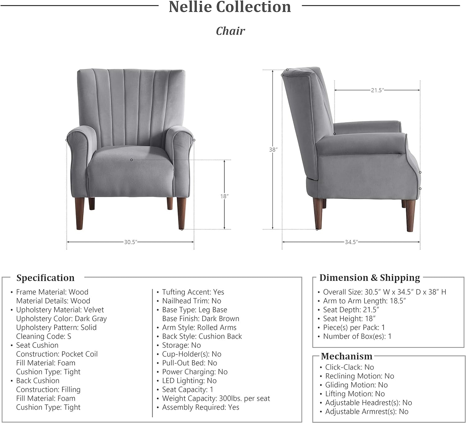 Nellie Accent Chair, Dark Gray