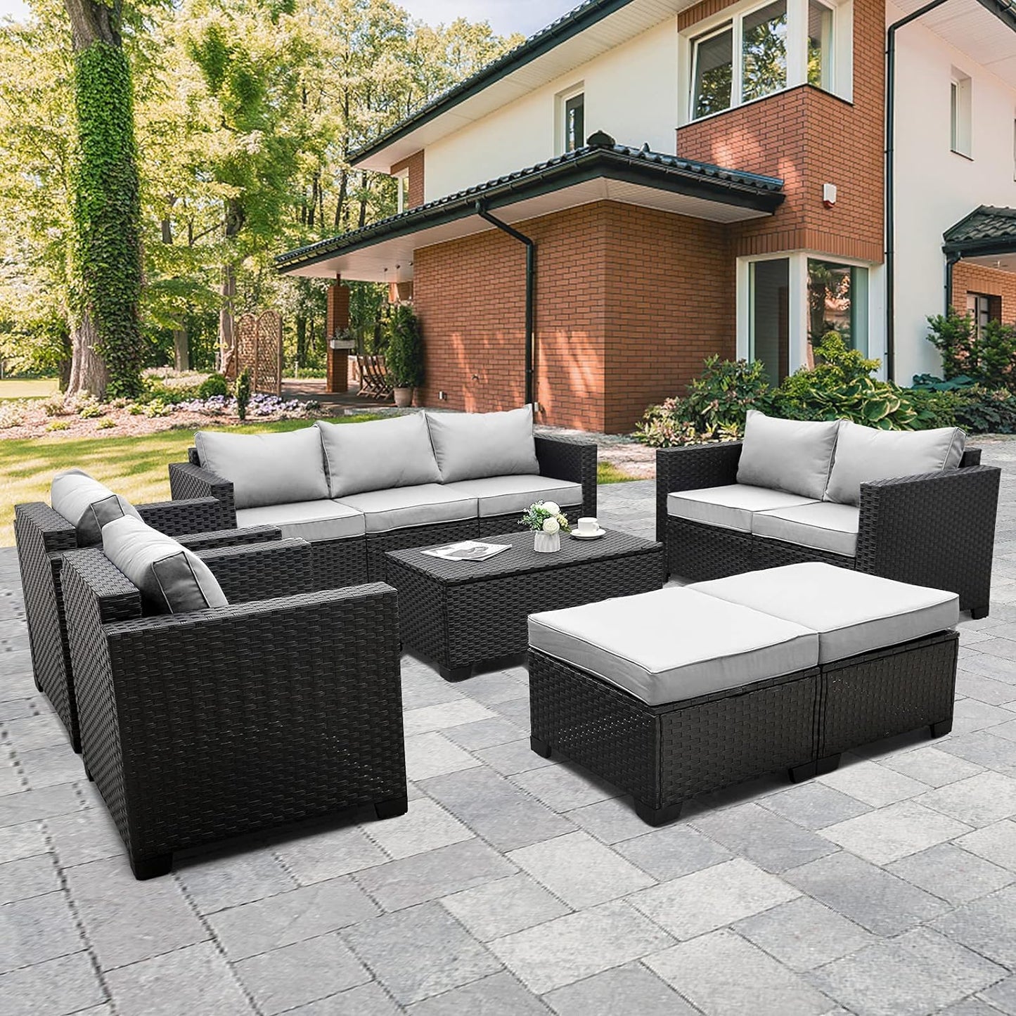 Patio Furniture Sets 7 Pieces Outdoor Furniture Sectional Patio Couches Set Storage Table No-Slip Grey Cushions and Waterproof Covers