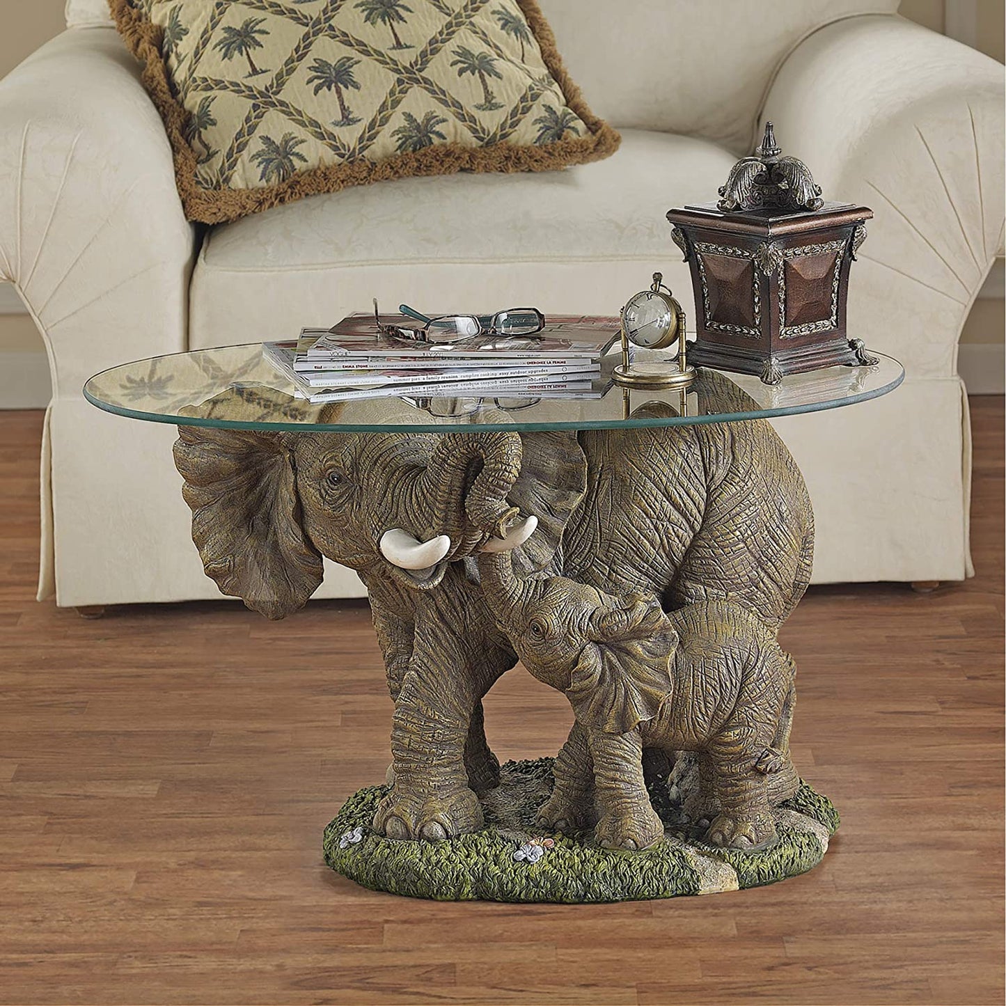 Elephant'S Majesty Glass-Topped Coffee and Cocktail Table, 30 Inches Wide, 18 Inches Deep, 18 Inches High, Full Color Finish