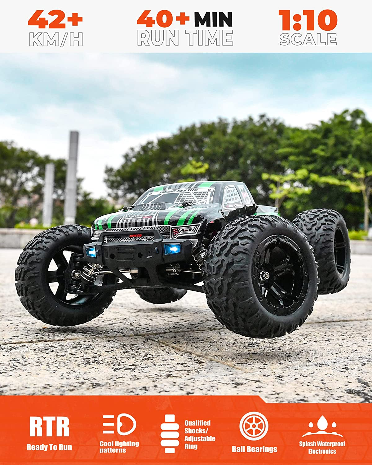 HM101 Hobby Grade 1:10 Scale Remote Control Truck with 550 Motor, 4WD Top Speed 42 Km/H All Terrains off Road RC Truck,Waterproof RC Car with 2 Rechargeable Batteries for Kids and Adults