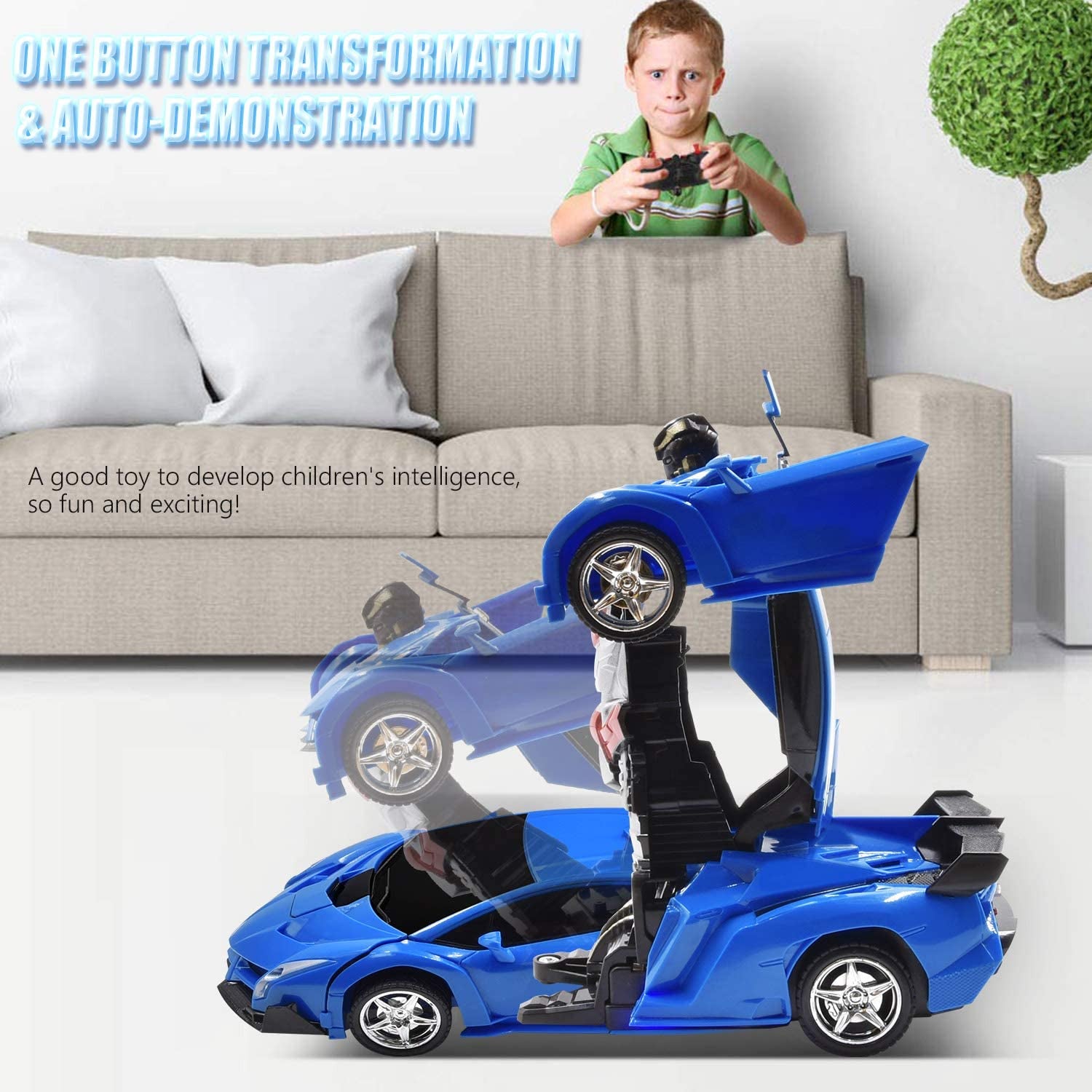 RC Car for Kids Transform Car Robot, Remote Control Super Car Toys with One-Button Deformation and 360°Rotating Drifting 1:18 Scale, Best Happy New Year Birthday Gifts for Boys Girls (Blue)