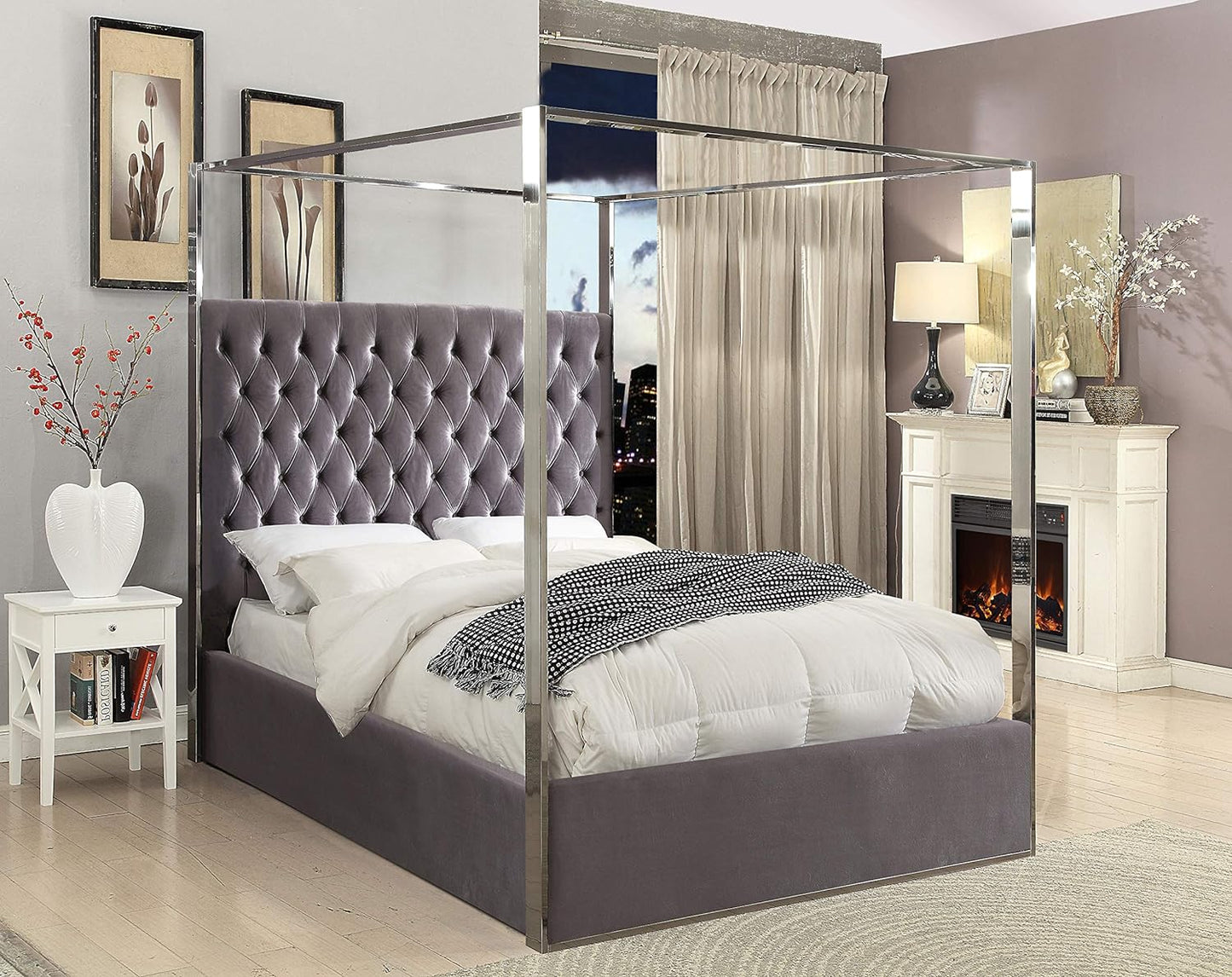 Porter Collection Modern | Contemporary Velvet Upholstered Bed with Deep Detailed Tufting and Chrome Canopy, Grey, King