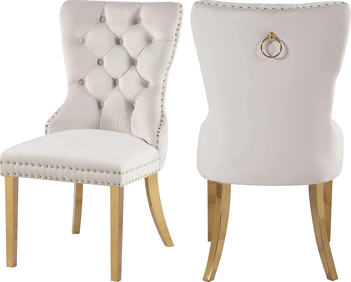 Carmen Collection Velvet Upholstered Dining Chair with Sturdy Gold Metal Legs, Set of 2, Cream