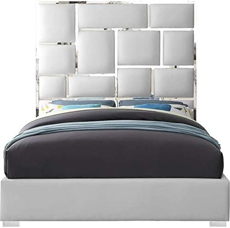 Milan Collection Modern | Contemporary Faux Leather Upholstered Bed with Custom Chrome Metal Legs and Geometric Designed Headboard, Queen, White