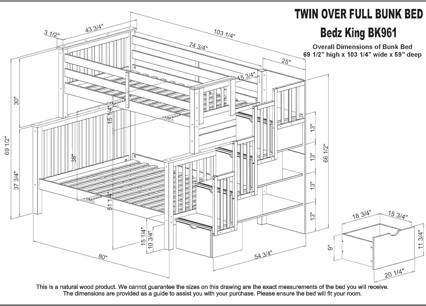 Stairway Bunk Beds Twin over Full with 4 Drawers in the Steps and 2 under Bed Drawers, Gray