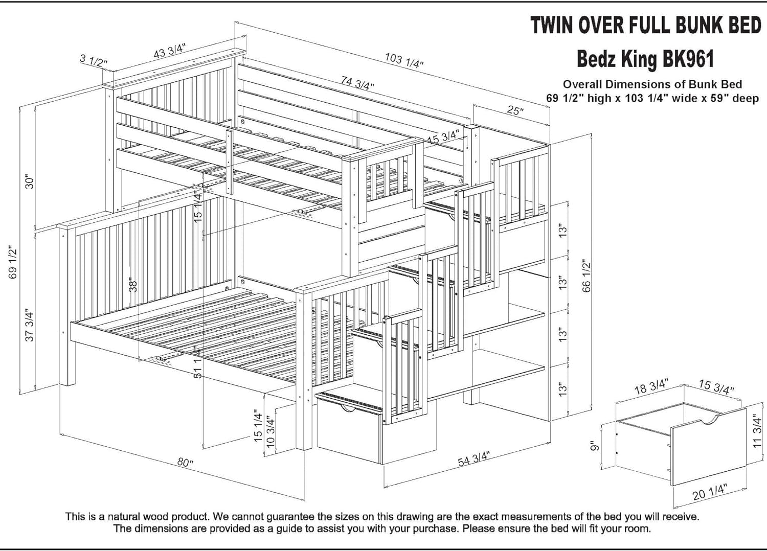 Stairway Bunk Beds Twin over Full with 4 Drawers in the Steps and 2 under Bed Drawers, Gray