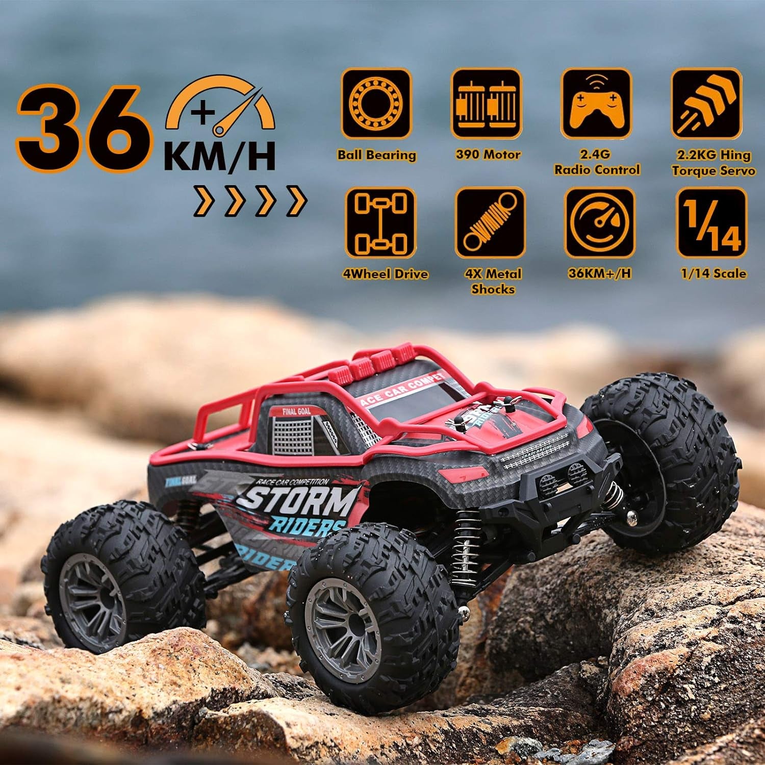 1:14 Large Scale High Speed Monster Truck Rock Crawler, Remote Control 4WD 36Km/H Off-Road RC Car Hobby Truck with 2 Rechargeable Batteries, All Terrain, Toys for Boys Kids and Adults Red